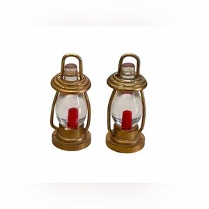 Vintage Miniature Gold Tone & Red Hurricane Lanterns - Set of 2